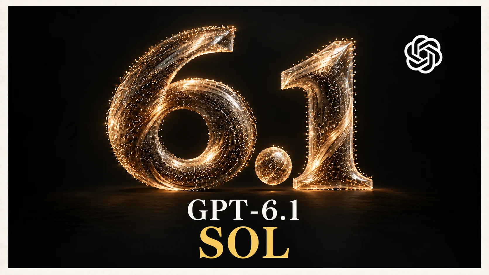 GPT-6.1 Sol en lettres et chiffres de verre doré, avec le symbole OpenAI blanc